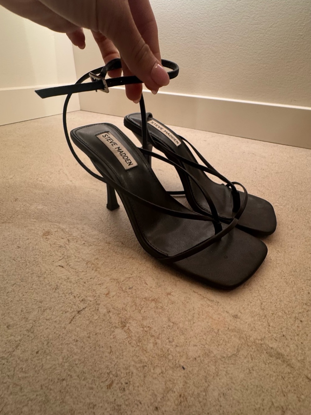 Steve Madden Black Strappy Square-Toe Heeled Sandals